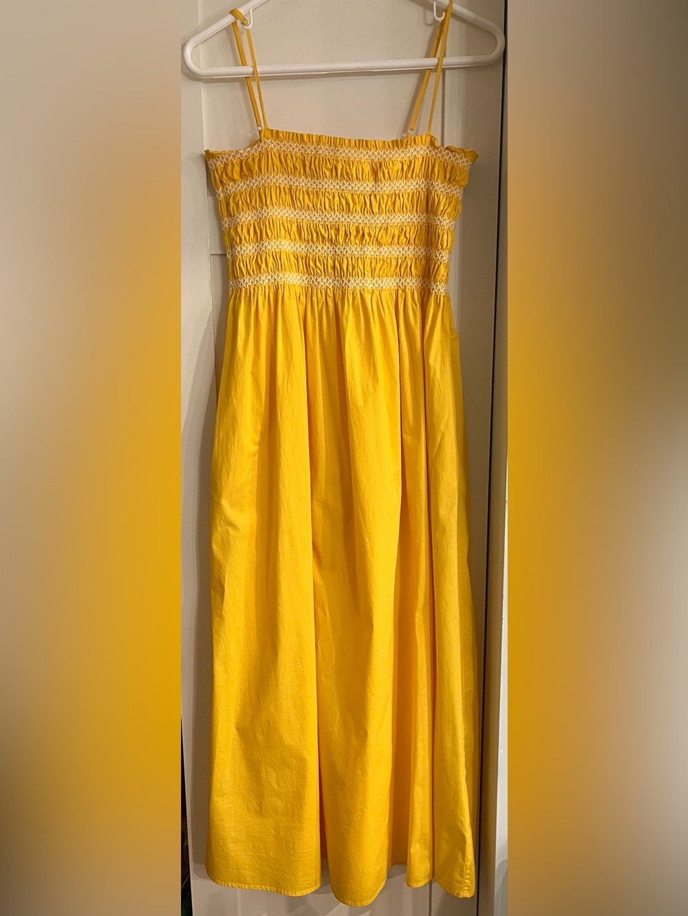 Pistola Anthropologie Smocked Cotton Yellow and White Midi Dress with Pockets